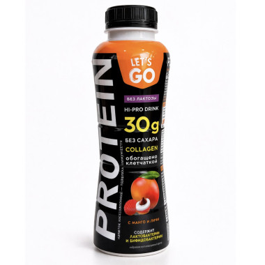Напиток кисломолочный манго личи Let's Go безлактозный высокобелковый ПЭТ 340 г